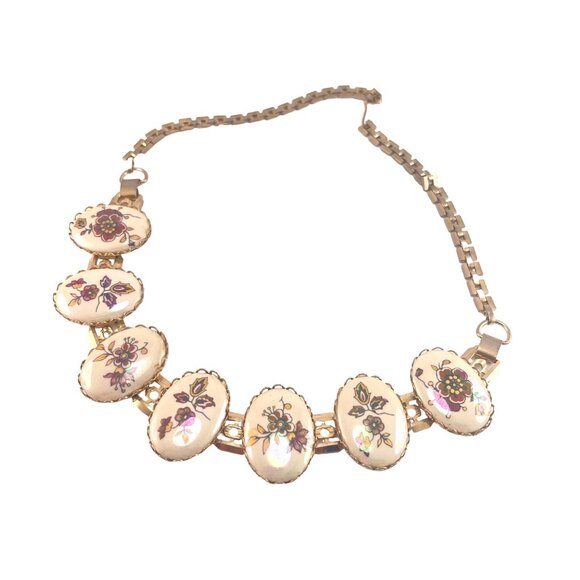 Floral Hand Painted Irredescent Porcelain Panel Necklace With Gold-Tone Chain - Picture 7 of 8